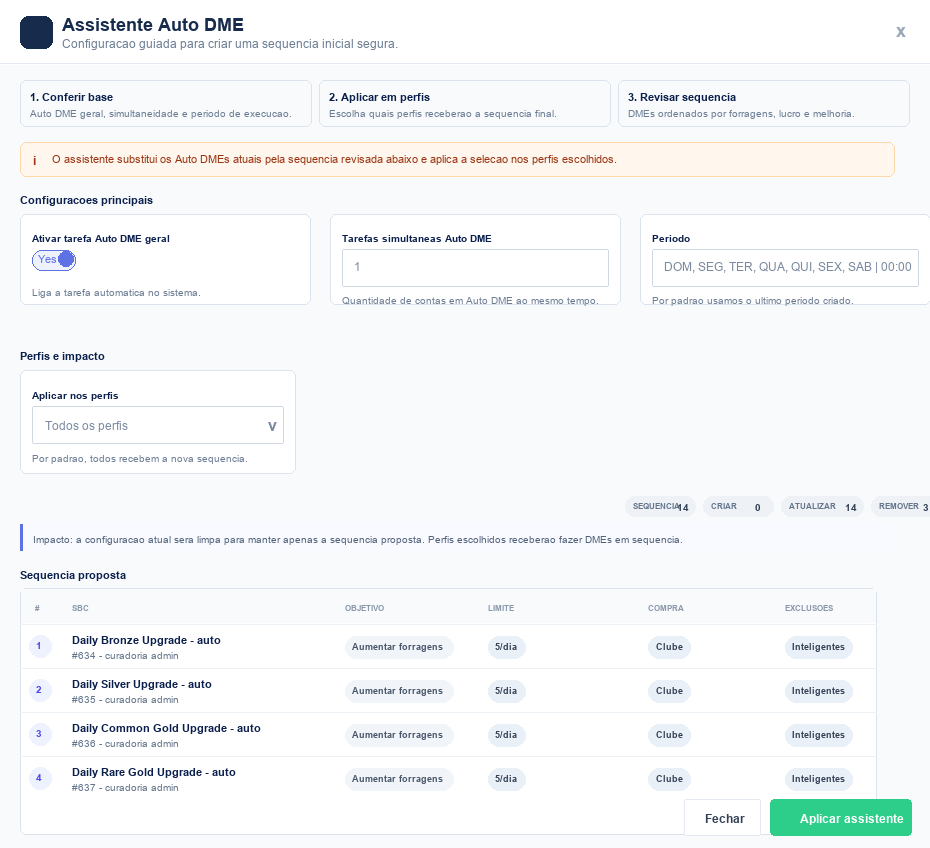 Tela do Assistente AutoDME com configuracoes principais, perfis e sequencia proposta.
